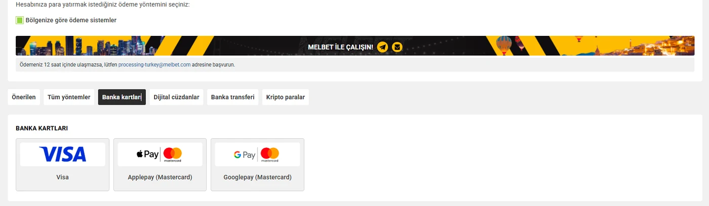 Melbet banka kartları arayüzü: Visa, Applepay Mastercard, Googlepay Mastercard